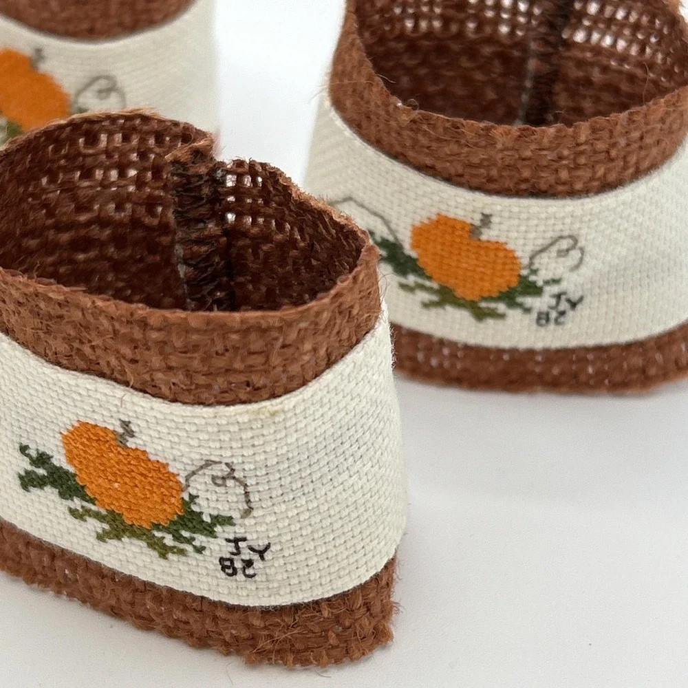 Set Of 6 Handmade Hand Cross Stitched Napkin Rings Fall Pumpkin Harvest